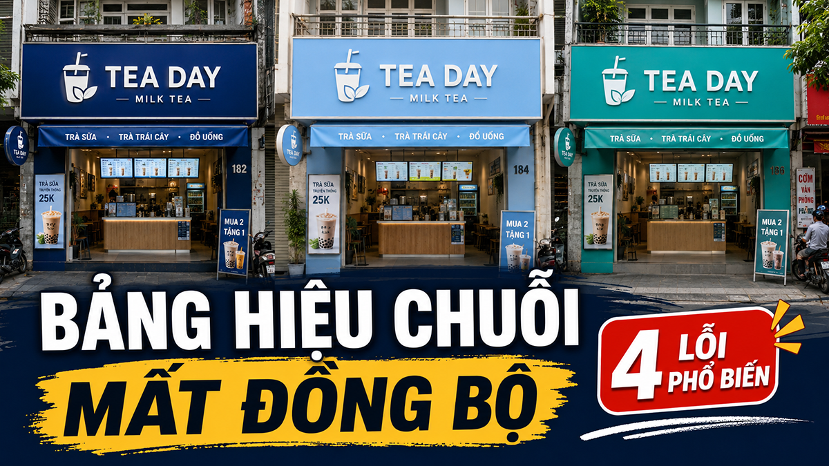 Bảng hiệu chuỗi cửa hàng đồng bộ nhiều chi nhánh cùng màu sắc logo